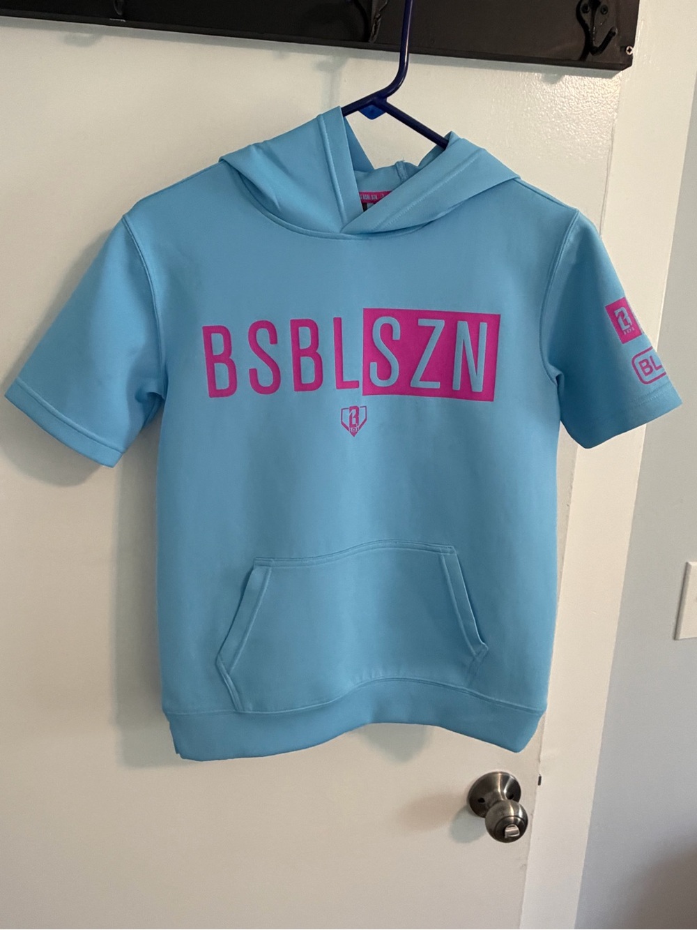 Baseball Lifestyle 101 Kids' Light Blue Hoodie Tee with Pink Logo